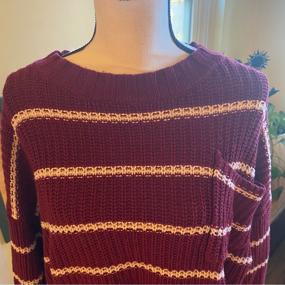 AMERICAN EAGLE knit burgundy white striped boatneck sweater w/ front pocket XL - Picture 2 of 11